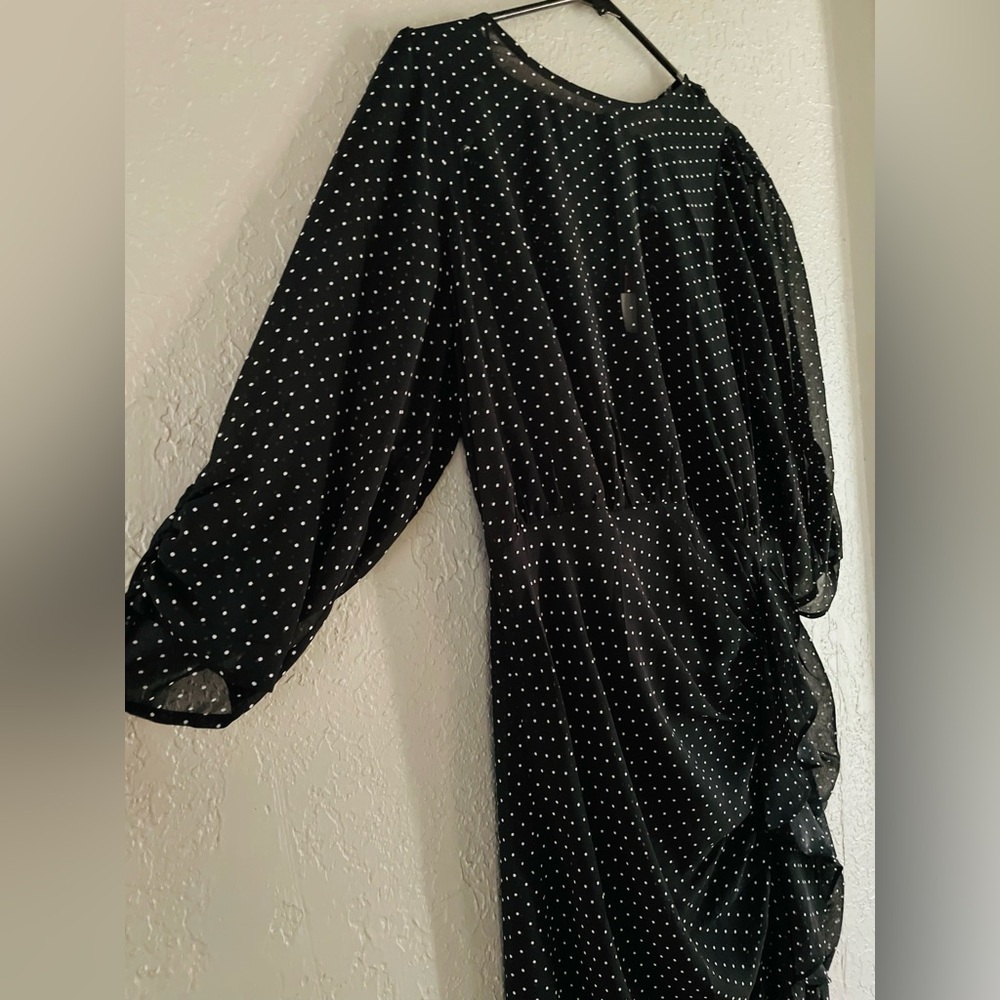 Black Polka Dot Midi Dress - Elegant Gathered Side Detail - Picture 7 of 7